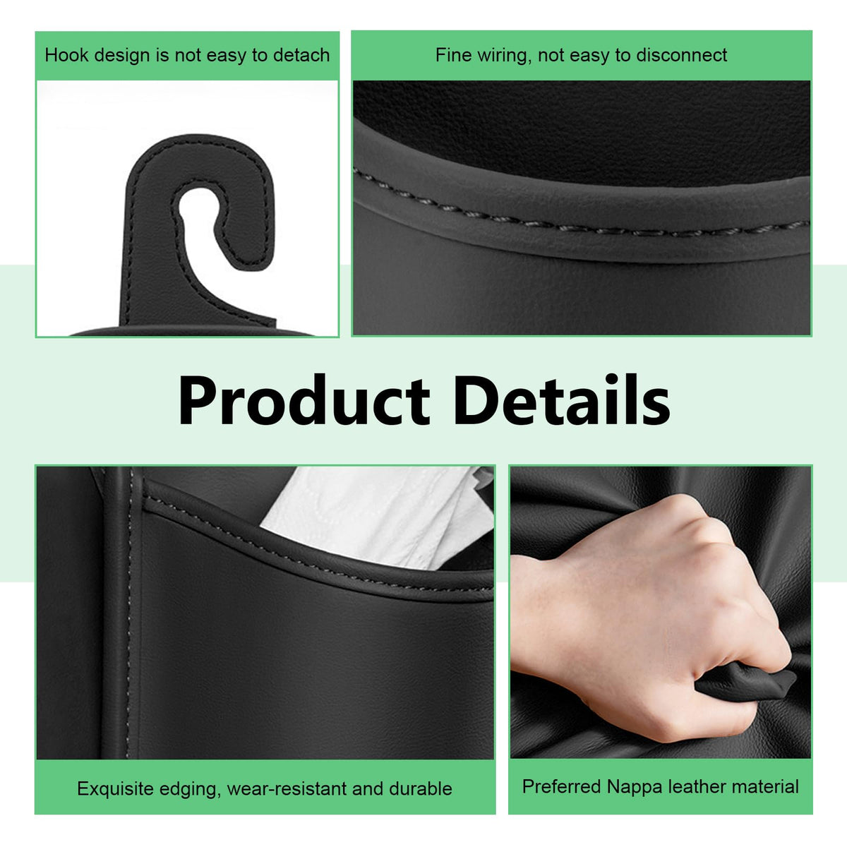 Heyzidu 2 PCS Leather Car Cup Holder, Spill-resistant Headrest Cup Organizer, Door Side Multi-functional Hooks Storage Bag for Water Bottles Phones Keys, Universal for Most Vehicles (Black)