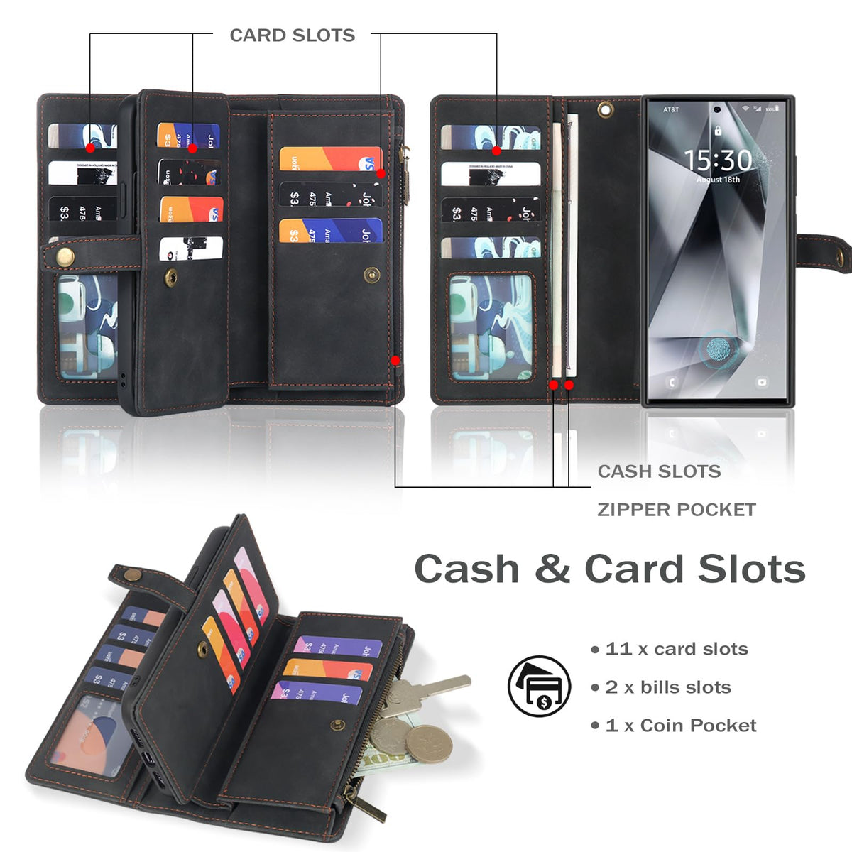 TwoHead for Samsung Galaxy S24 Ultra Wallet Case with Card Holder, Detachable Magnetic Phone Case for S24 Ultra,PU Leather All-Round Protective Phone Case Wallet with Wrist Strap,Black