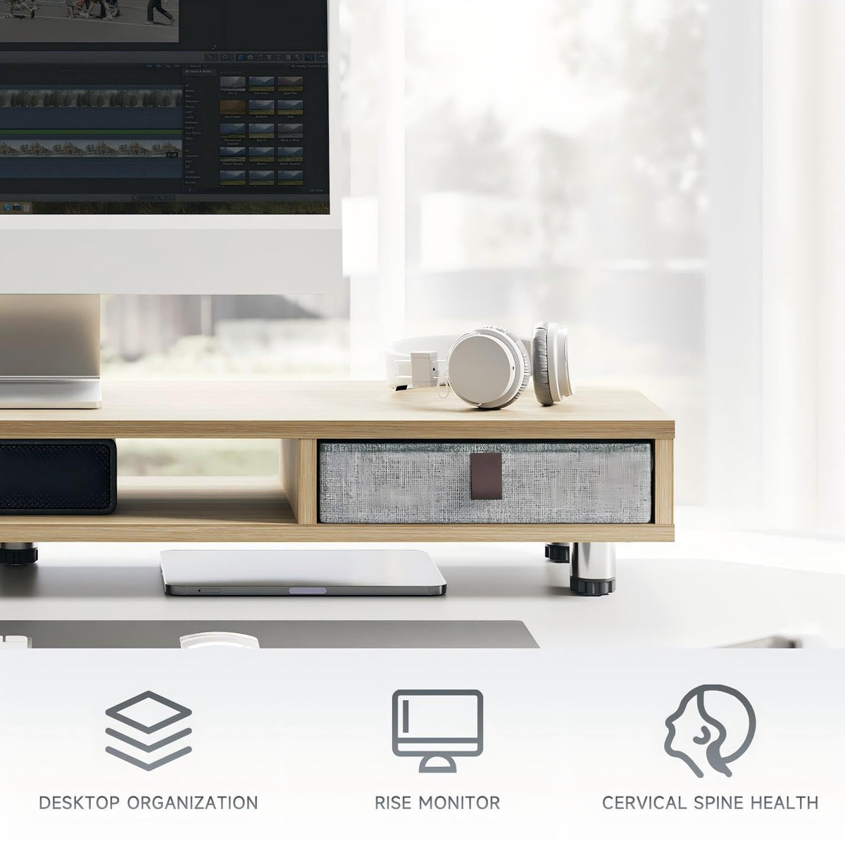 Fenge Monitor Stand, Dual Monitor Stand with 2 Drawers, Monitor Riser for 2 Monitors, Adjustable Height Computer Stand, Office Monitor Stands for Desk, Laptop, PC, TV, Printer