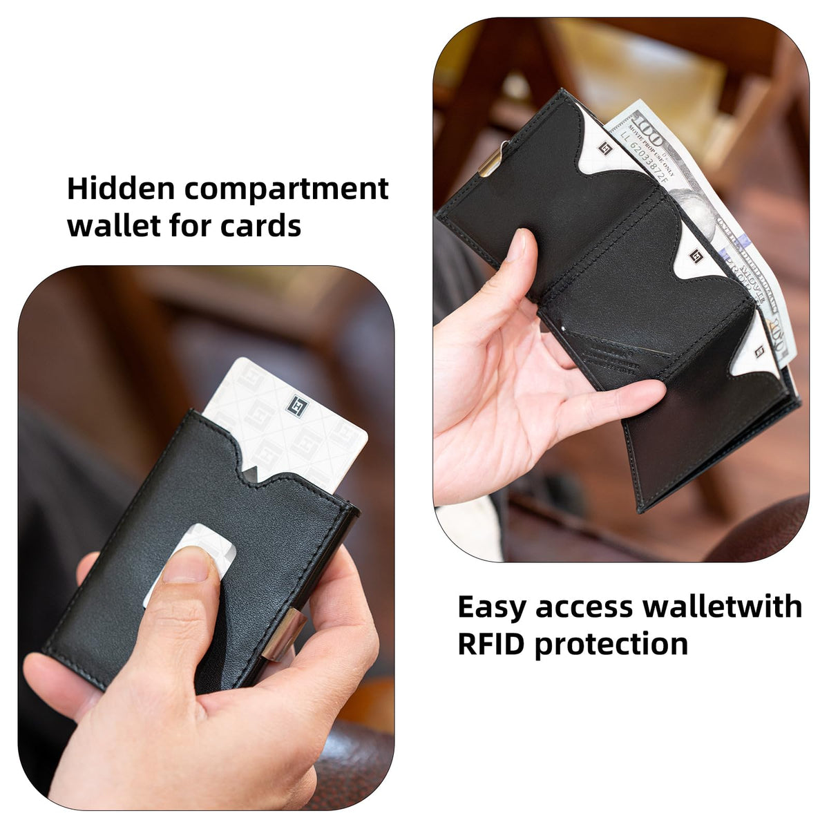 LIULIHUA LLH Leather Trifold Wallet - RFID Blocking with Stainless Steel Locking Clip Wallet, Minimalist Front Pocket RFID Blocking Credit Card Holder (black)