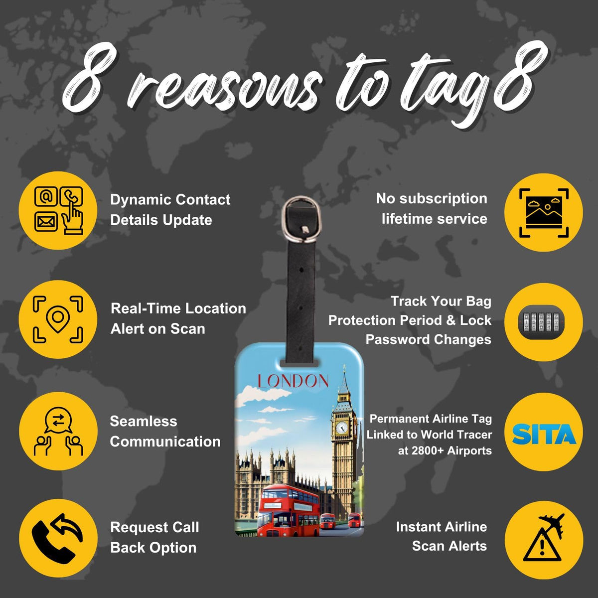 [Pack 2] tag8 London Smart Bag tag |Trendy Luggage tag ID Identification | Suitcase Tag | Fashionable Digital Name tag | Airline Compliant, SITA World Tracer Code Enabled | Travel Gift idea