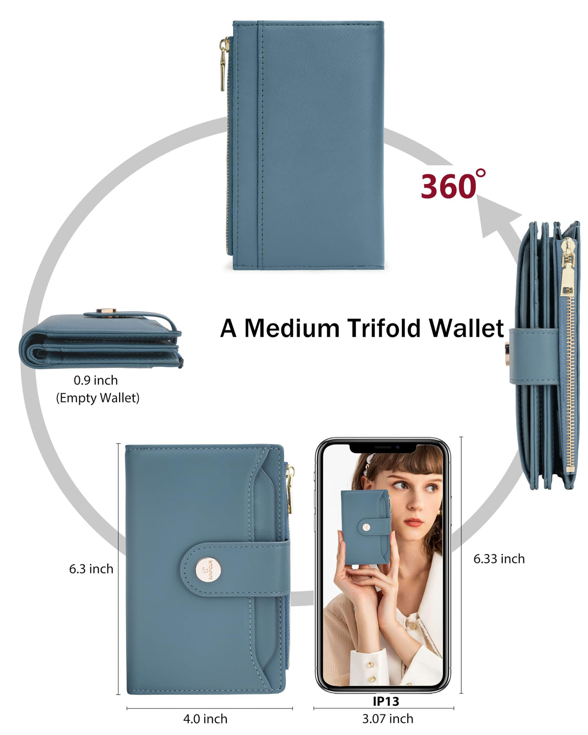 Sunpour Women’s RFID Blocking Leather Trifold Wallet, Large Capacity Credit Card Holder Wallet for Women, Travel Wallet(Blue)