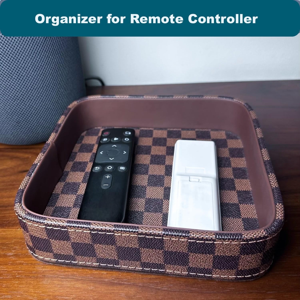 NAKOR HOME Leather Valet Tray for Men (Solid Wood Inside), Key Trays Bowl for Entryway Table, EDC Catch All Dish, Organizer Decorative Tray for Cologne Jewelry Perfume Watch Wallet- Brown Checkered PU