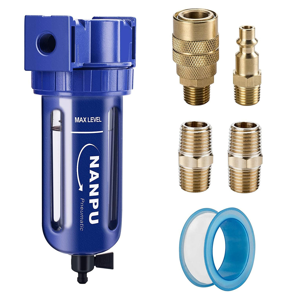 NANPU 3/8" NPT Compressed Air Filter, Zinc Alloy, 5 Micron Brass Element, Quick Release Bowl, Manual Drain, for Air Compressor ＆ Pneumatic Tools