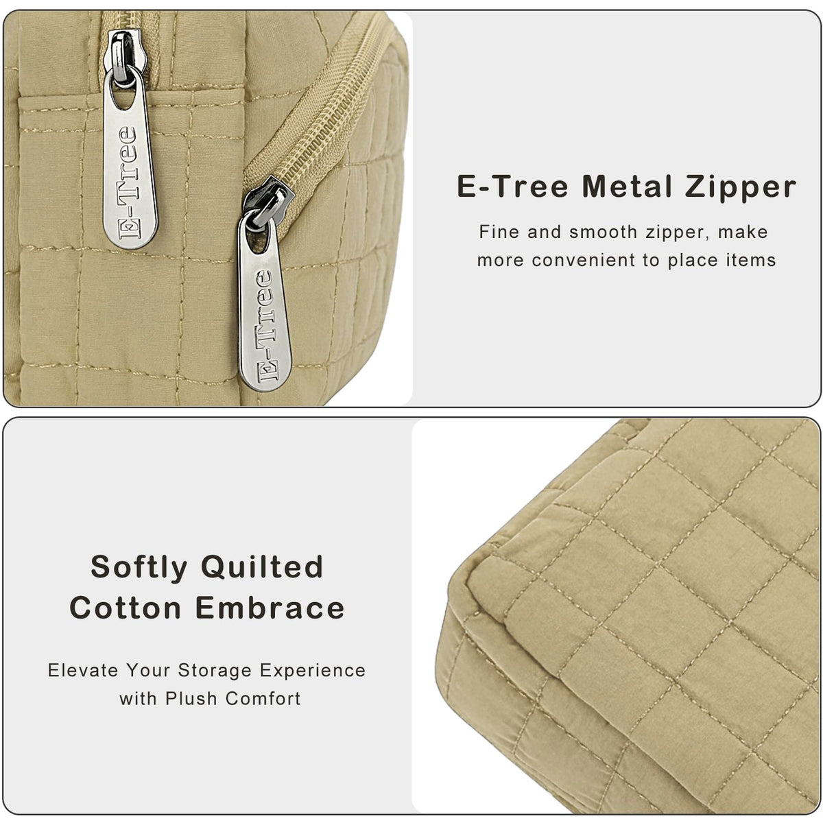 E-Tree Makeup Bag, Quilted Cosmetic Bag for Women, Puffer Make up Pouch for Purse,Travel Toiletry Organizer Case (Khaki)