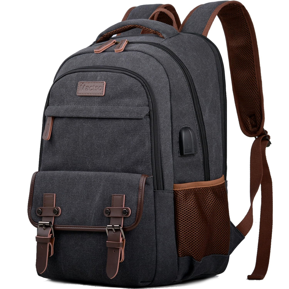 Mactso Canvas Travel Laptop Backpack for Men Women, Business Work Rucksack College Computer Bag Fits 17.3 Inch Notebook,Bookbag with USB Charging Port (Black, 17.3 Inch)
