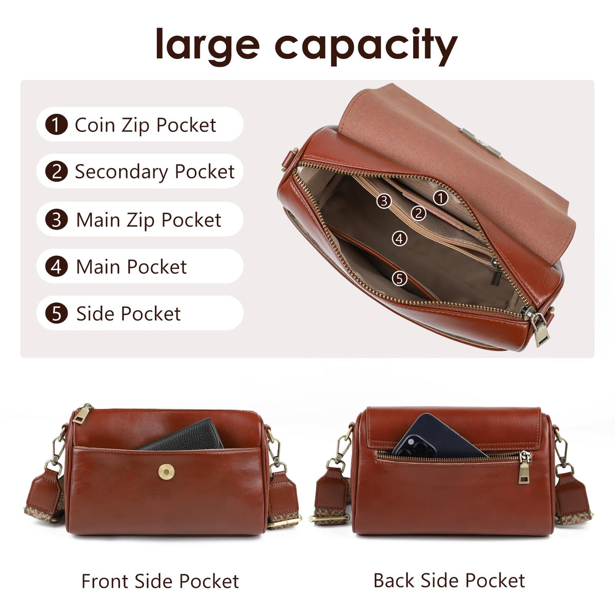 imeetu Genuine Leather Crossbody Bags for Women, Shoulder Bag Purses with Adjustable Strap (Brown)