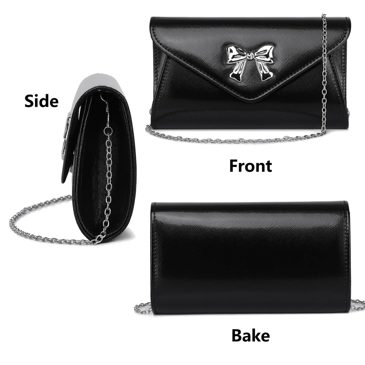 Gurina Evening Clutch Purse for Women with Bow Detail, Elegant PU Leather Shiny Party Bag with Detachable Chain Wedding Prom Handbag (Black L70)