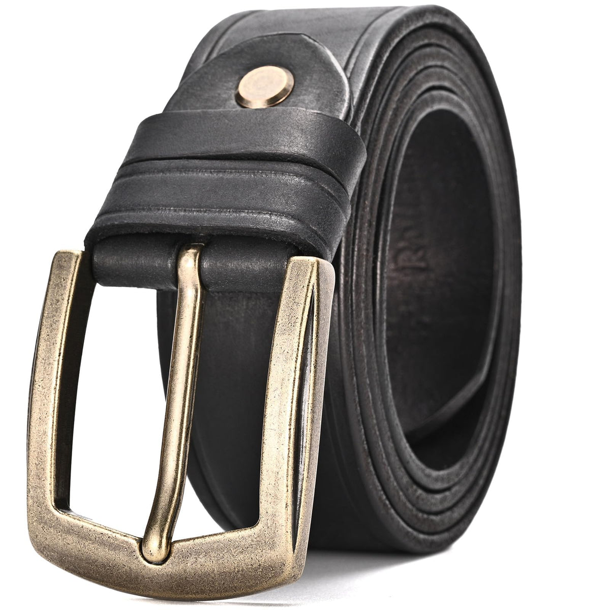 Rollslatte Men Leather Belt with Retro Brass Buckle, Plain Black Western Cowboy Real Italian Full Grain Genuine Pure Leather Mens Belts Casual for Jeans Size 34