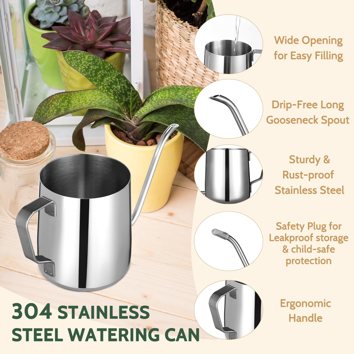 Small Watering Can Indoor Plants - 12 oz Mini Metal Watering Can with Long Spout Rust-Proof Stainless Steel Tiny Watering Pot for Small Indoor Plants Home & Office