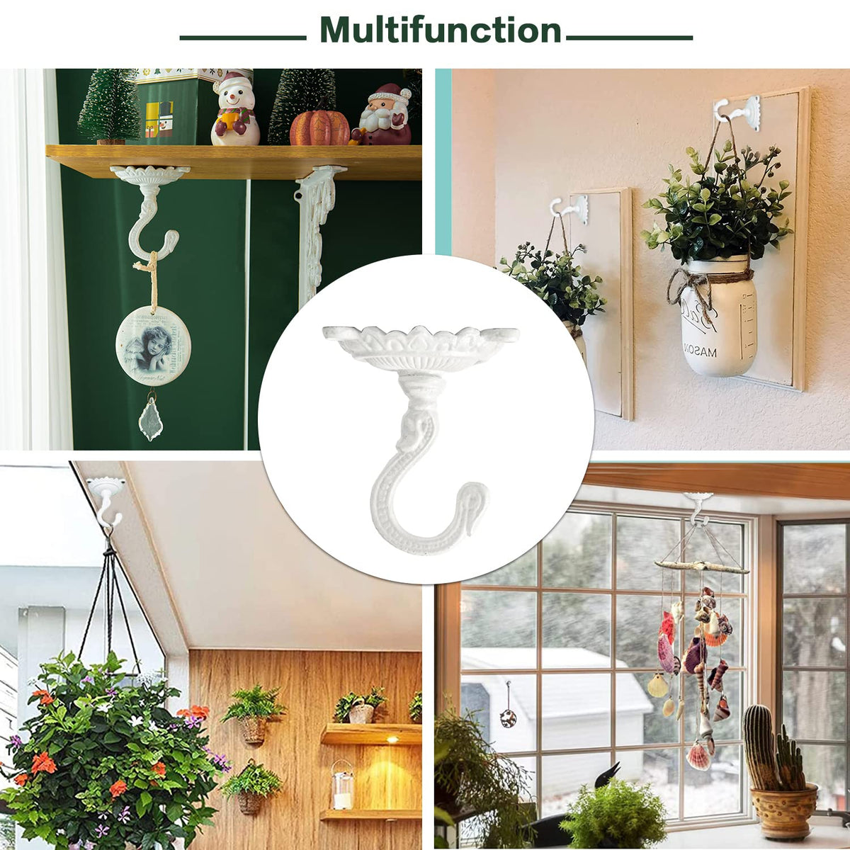 Sungmor Heavy Duty Ceiling Hooks for Hanging Plants, 3PC White 3.5x3.9Inch Large Cast Iron Ceiling Hooks, Antique Decorative Ceiling Swag Hooks for Hanging Planter Chandelier Wind Chime Lantern Hanger
