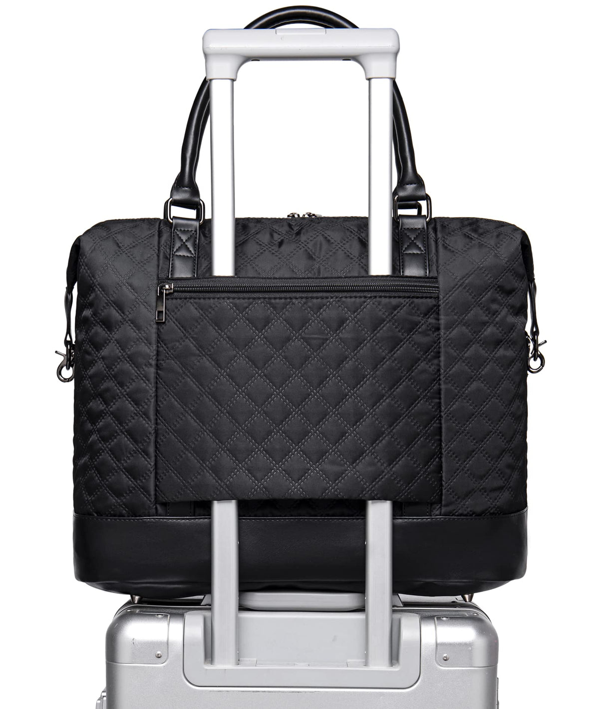 Women Ladies Weekender Carry-on Tote Bag Overnight Duffel in Trolley Handle (Quilted black)