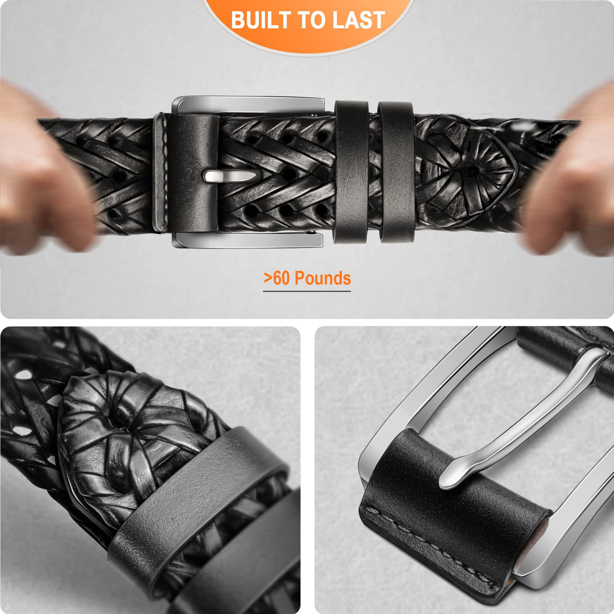 KEMISANT Mens belt 2 Pack, Woven Braided Leather Belt for Men Causal Golf Pants Polo Shirts Matching