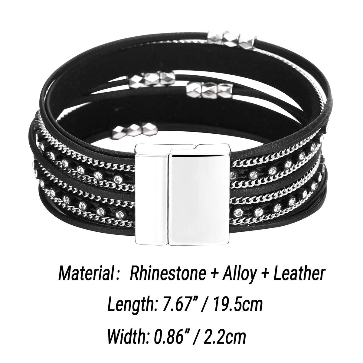 Fesciory Leather Wrap Bracelets for Women, Boho Leopard Multi-Layer Crystal Beads Cuff Bracelet Jewelry (Short Black)