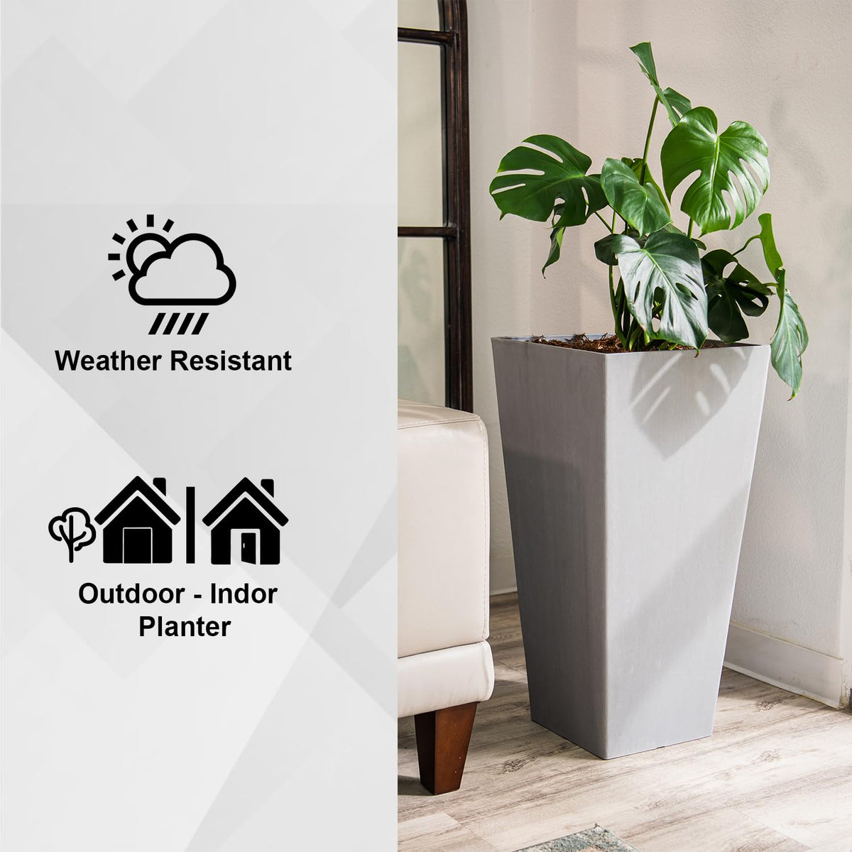 XBrand Modern 28-Inch Square Planter, Modern Tapered Perfect for Indoor & Outdoor, Patio Décor, Set of 2, Gray