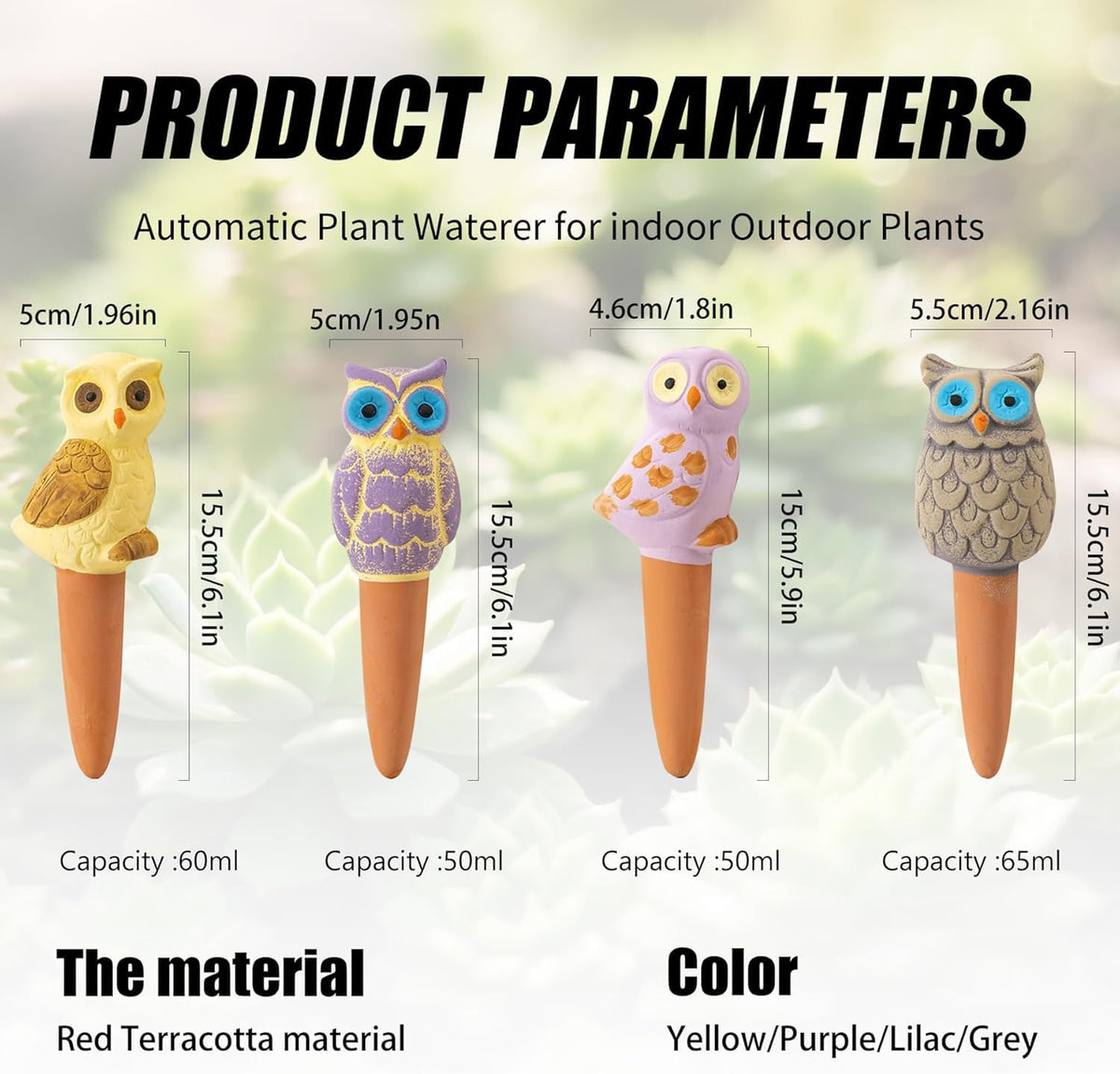 4 Pack Handmade Terracotta Owl Watering Spikes and Globes, Self-Watering Plant Devices with Slow Release System for Continuous Moisture, Perfect Water Bulbs for Indoor and Outdoor Plants Vacation Use