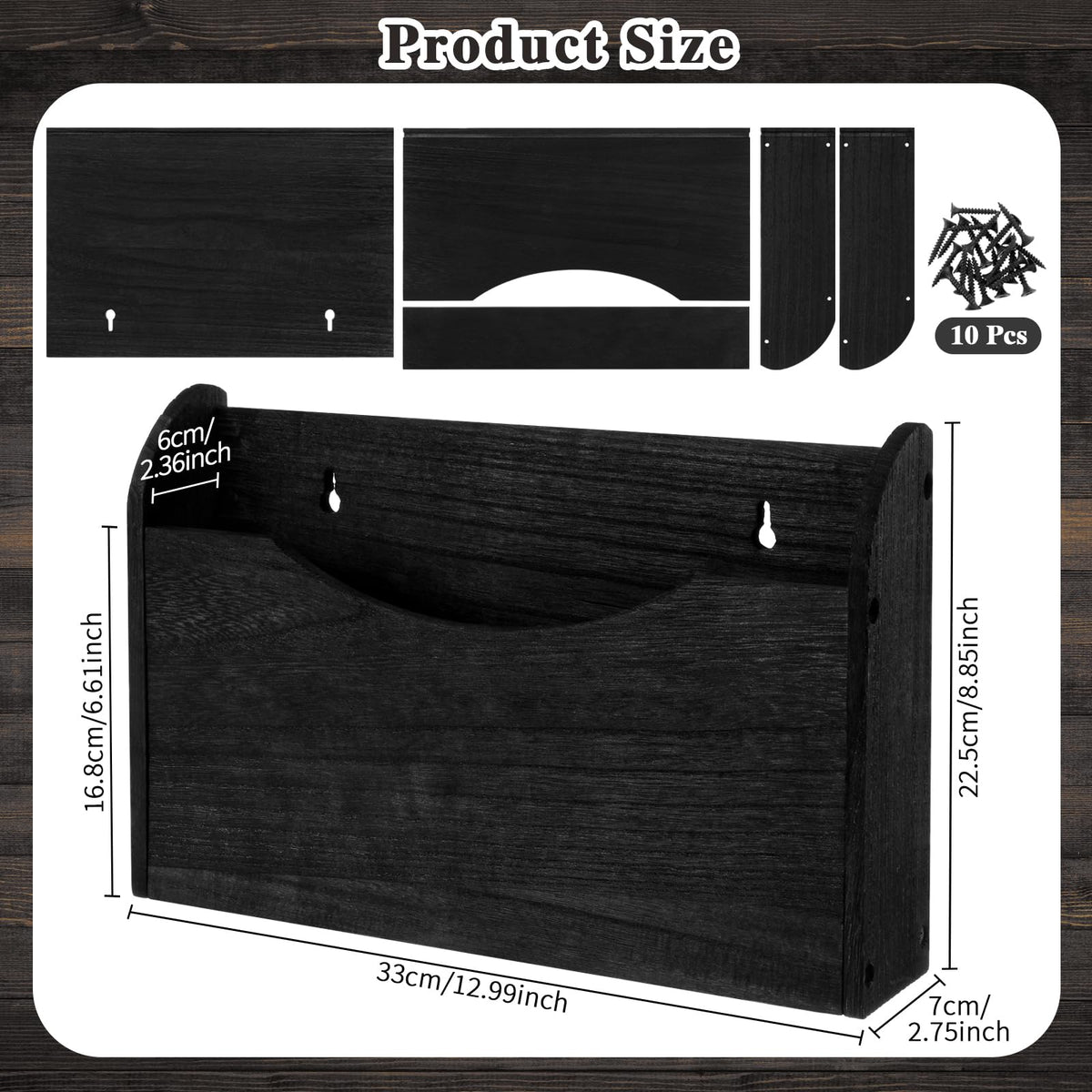 Suzile Wall Mounted File Holder Wood Magazine Holder Wall Hanging File Organizer for Office Mail Magazine Letter Paper Folder Organization (Black)