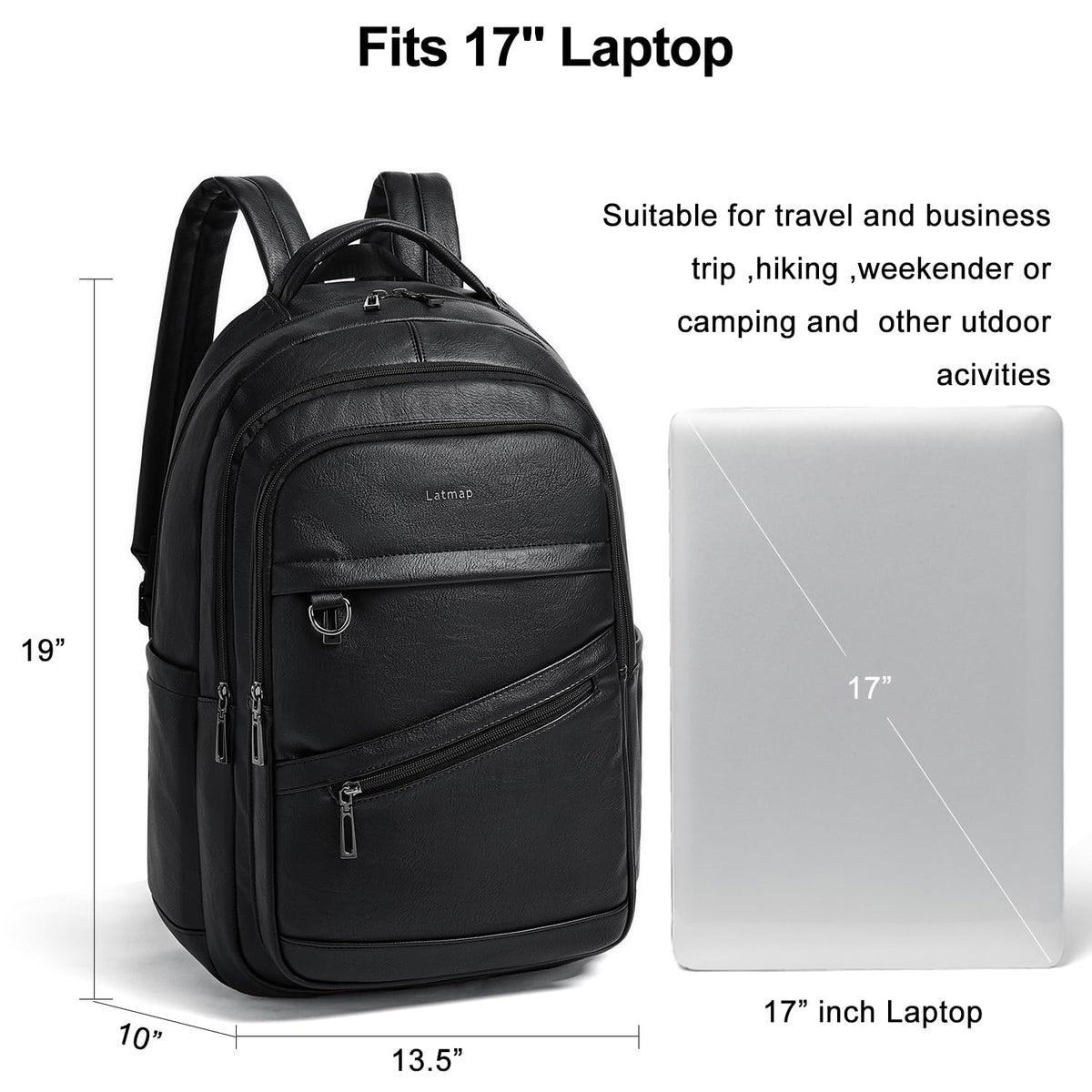 LATMAP 43L Backpack for Women Men - Vegan Leather Backpack Purse Travel Carry-on Bag College Bookbag Work fits 17" Laptop, Black