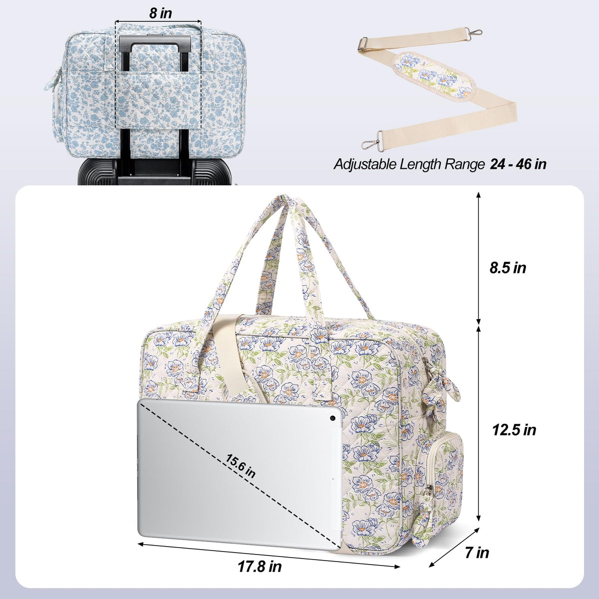 Quilted Duffle Bag for Women, Quilted Weekender Bag, Quilted Travel Bag, Large Floral Duffle Bags with Adjustable Straps