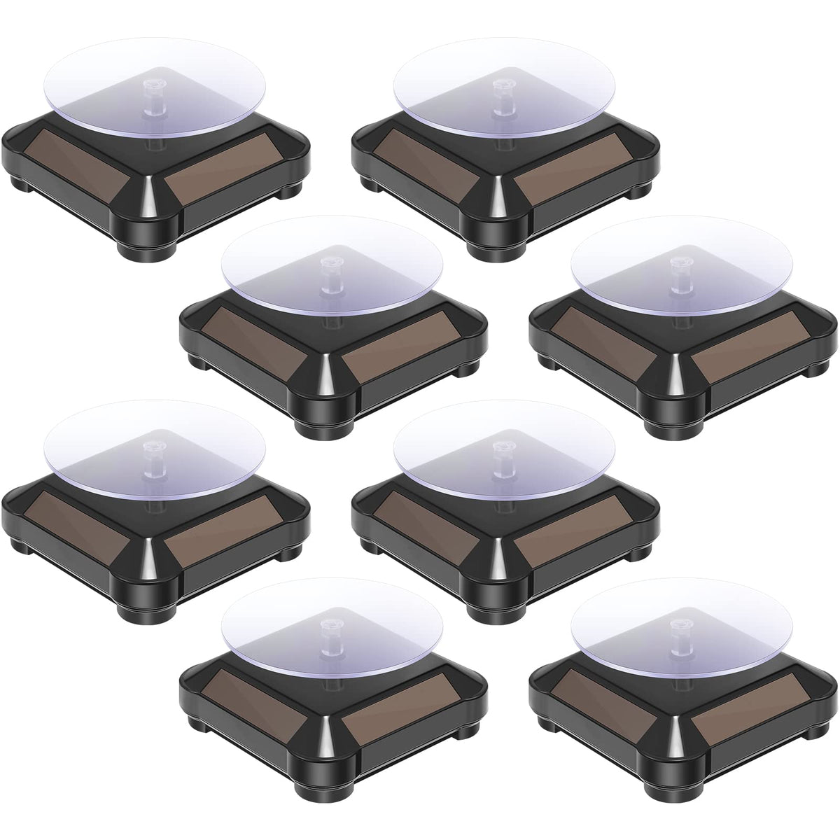Xuhal 8 Pcs Solar Rotating Stand Turntable Battery Powered Double Use Solar Display Stand Jewelry Spinner 360 Degrees Solar Showcase Base Watch Hobby Collection Shelf for Table (Black)