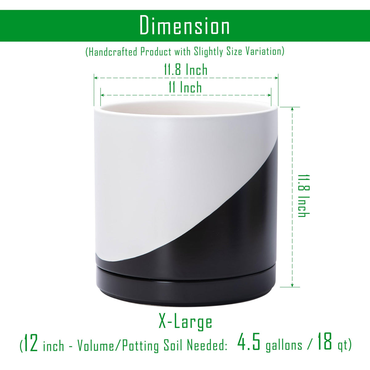 D'vine Dev 12 Inch Ceramic Planter Pot with Drainage Hole and Saucer, Indoor Cylinder Round Planter Pot, Oblique Monochrome Black and White, 94-O-F-K