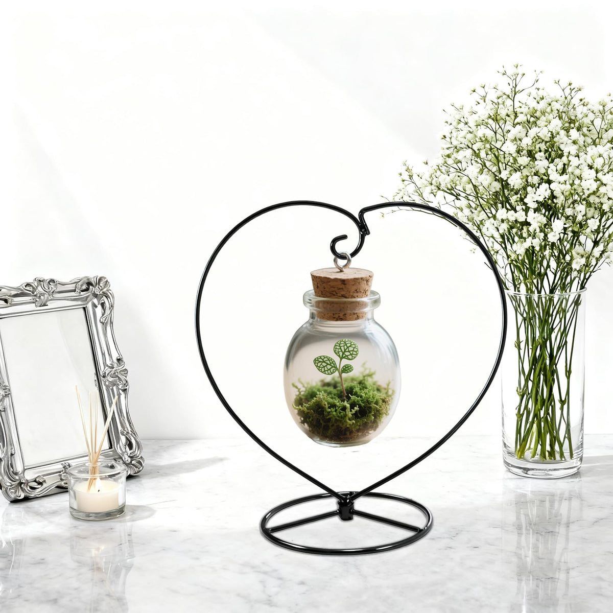 Archi Ornament Display Stand Iron Stand for Hanging Glass (Black 2Pcs Heart)