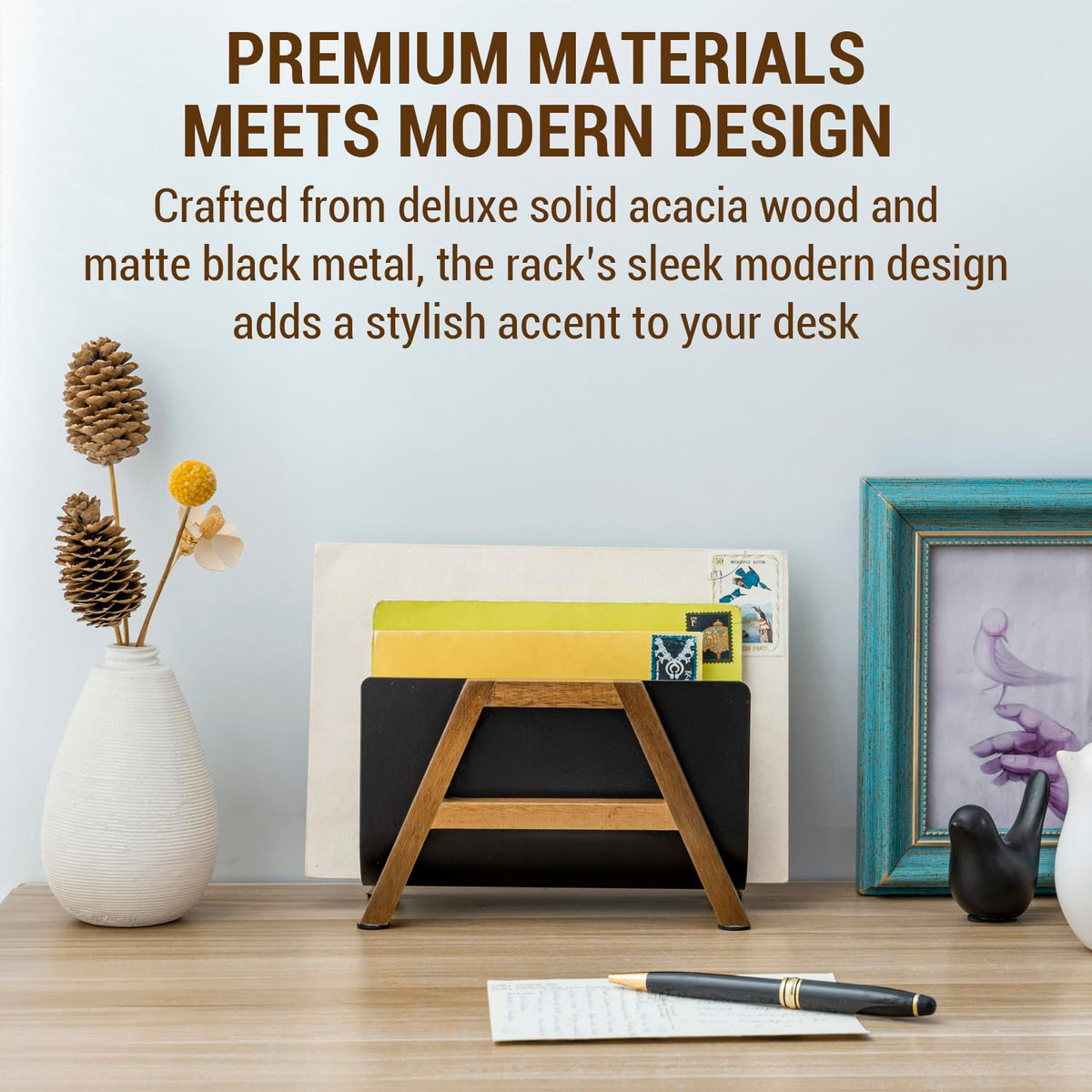 MyGift Modern Desktop Mail Holder, Urban Solid Acacia Wood and Matte Black Metal Tabletop Letter Sorter