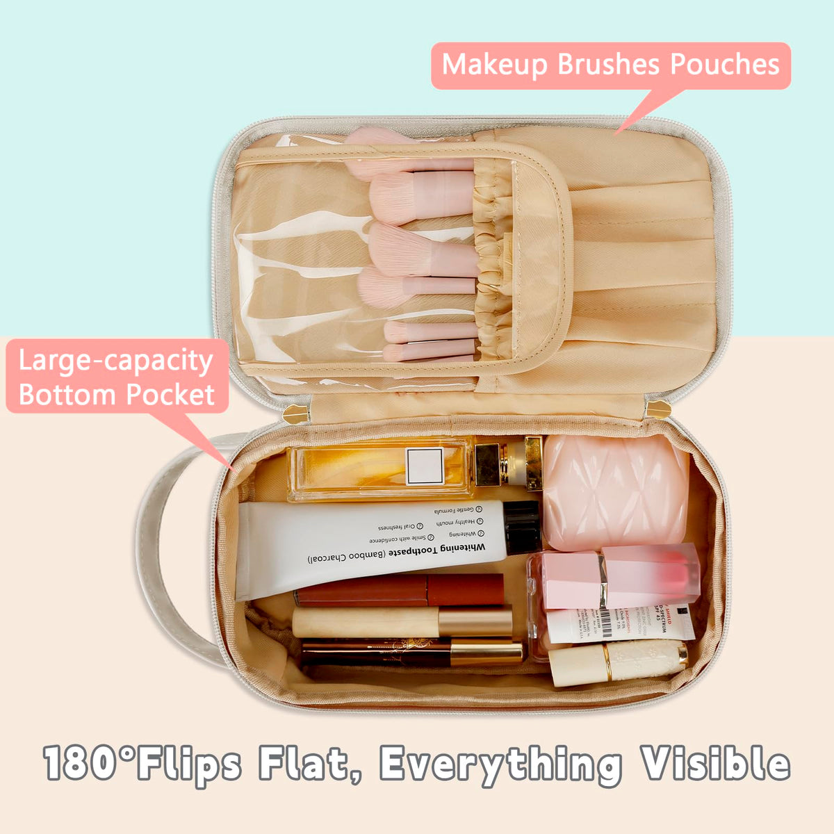 CLOUDWINGS Initial Makeup Bag for Women - Personalized Double Layer Cosmetic Bags with Makeup Brush Organizer, Hanging Travel Toiletry Bag with Large Capacity, Gifts for Mom Girlfriend Wife（Beige E）
