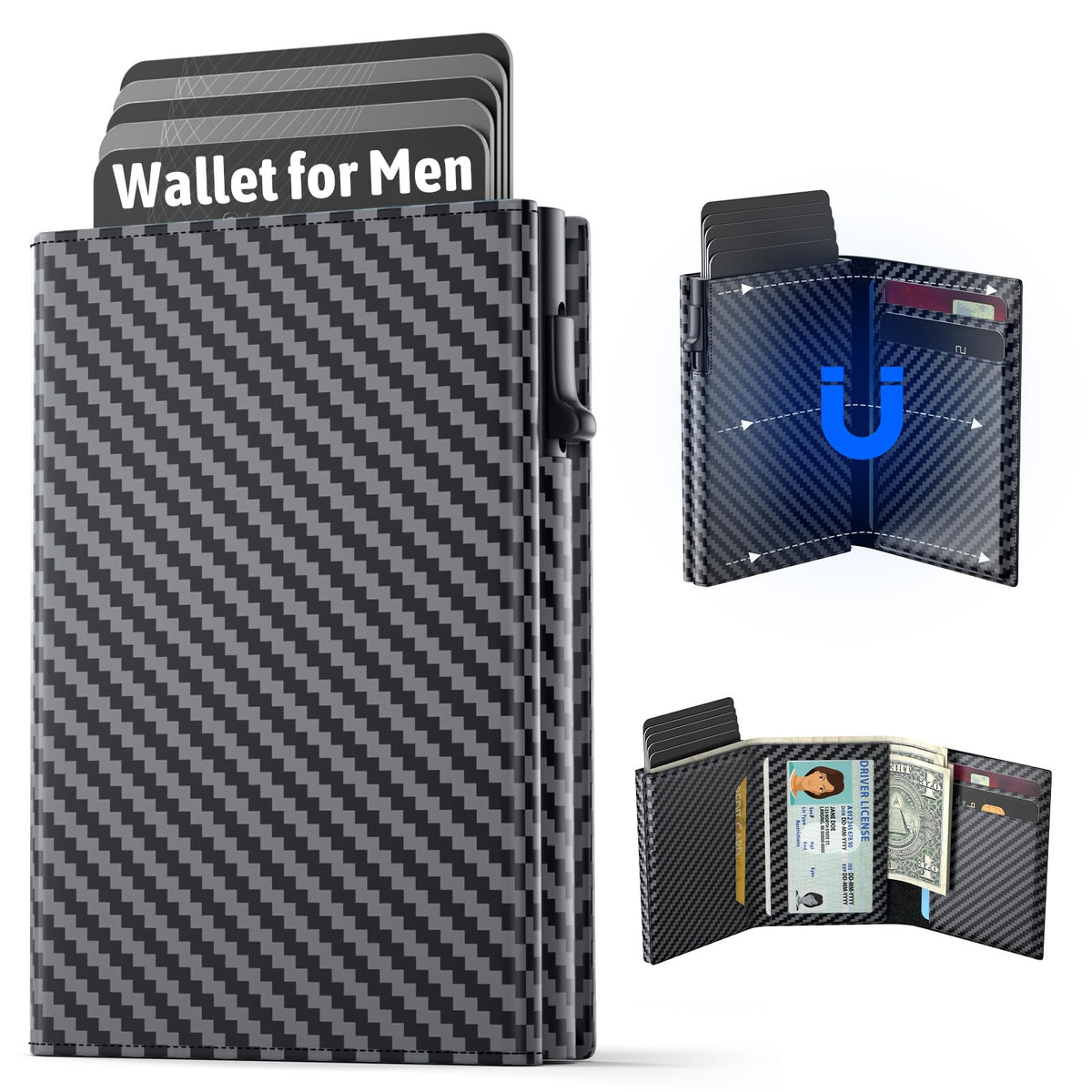 FIYUM Wallet for Men, Minimalist Wallets with Cash Pocket & 9-13 Cards, ID Window Metal Case Smart Slim Pop Up Credit Card Holder Flip with Magnetic Closure RFID Blocking Trifold Wallet with Gift Box