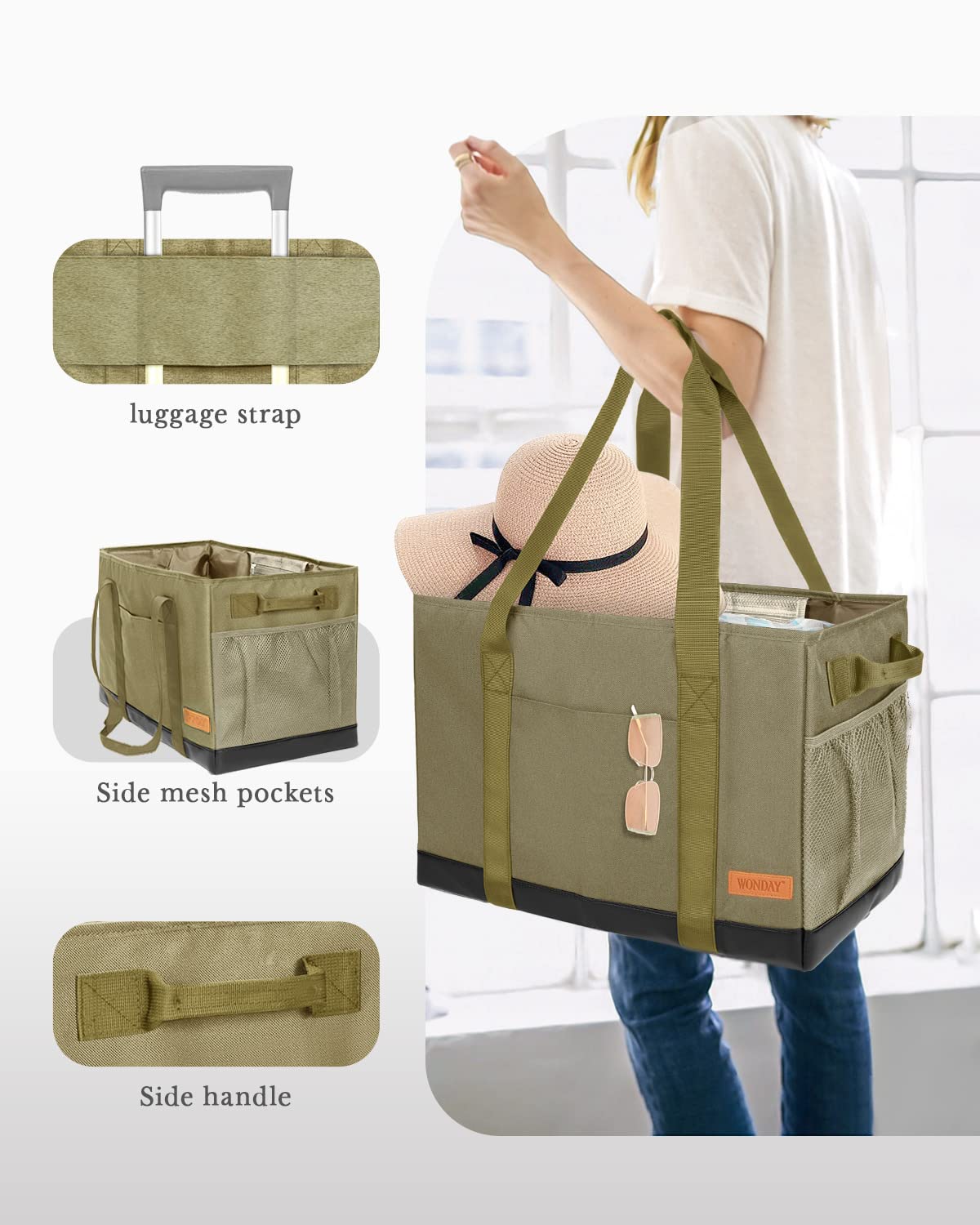 WONDAY Large Utility Tote Bag - Standing Reusable Grocery Bag with Handle, Collapsible Storage Organizer for Shopping, Beach, Work