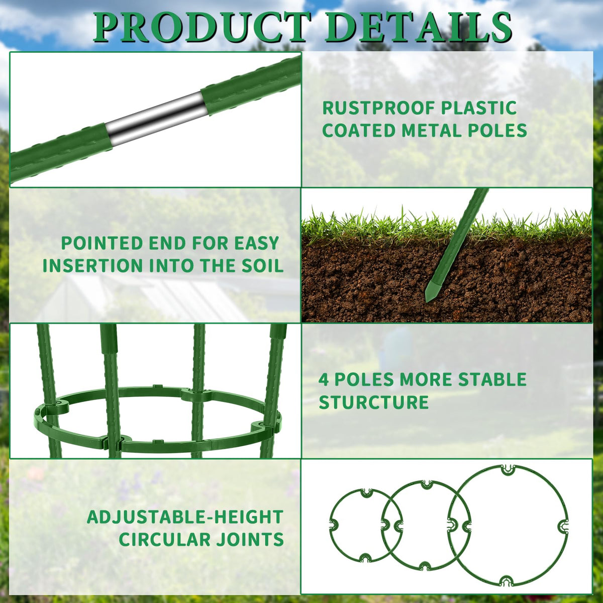 UJG 2-Pack 35 Inches Tomato Cages for Garden, Tomato Cage, Tomato Plant Support, Heavy-Duty Tomato Trellis with Height Adjustable Rings for Garden Climbing Plants with Twist Tie & Gloves