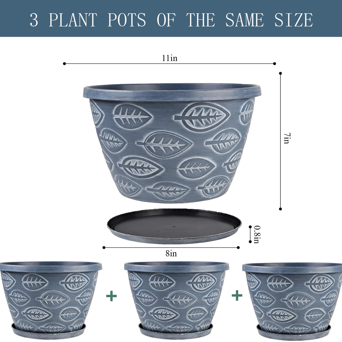 Nooulap Outdoor Flower Pots for Plants Set of 3 Pack 11 Inch Planter Pot, Large Plastic Plant Pots Indoor Plants with Drainage Holes & Trays, Modern Decorative Garden Containers Sets for House(Blue)