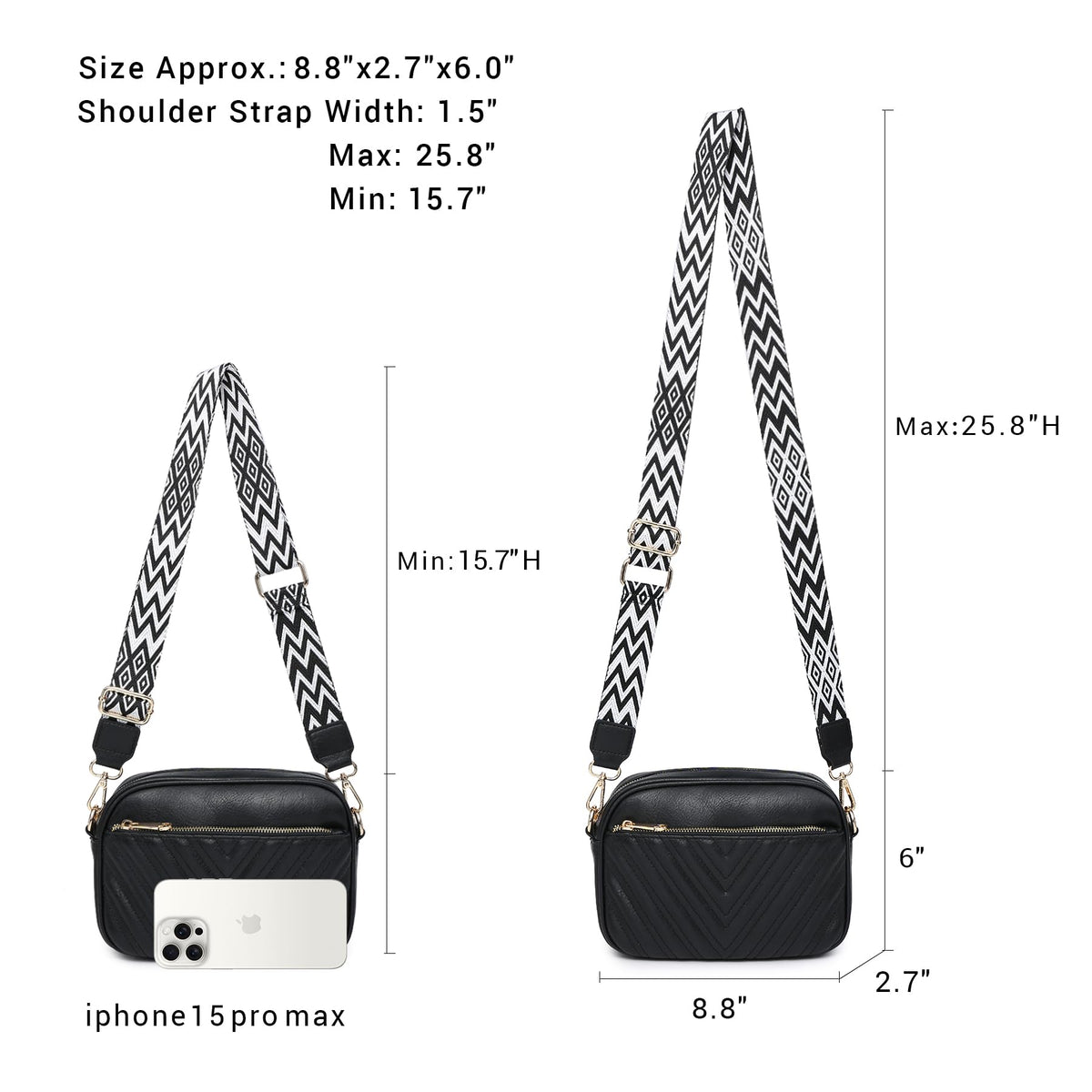 VONMAY Crossbody Purse for Women Quilted Crossbody Bags Vegan Leather Purses Small Shoulder Handbags with Wide Strap (Black)