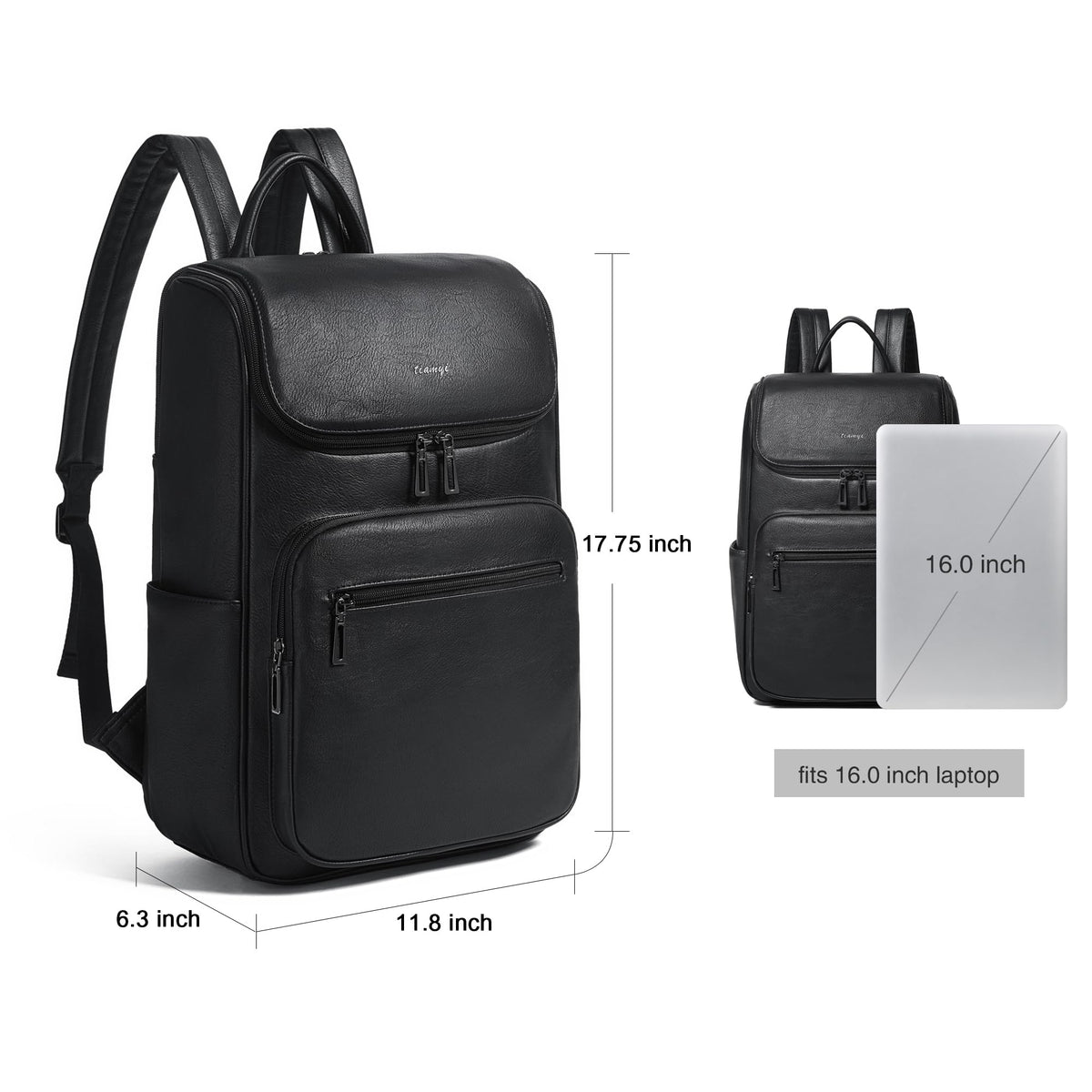 tiamyi leather travel backpack for men and women, flap top laptop backpack fits 17.0 inch computer with luggage strap and separate padded compartment, black