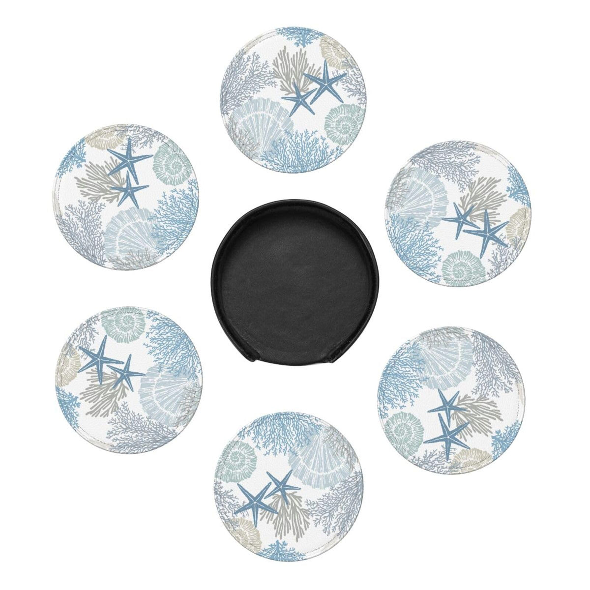 Nautical Sea Shell Star Coral Coastal Coasters for Drinks Round Leather Coaster with Holder Set of 6 for Tabletop Protection Desk Accessories Office Home Room Decor
