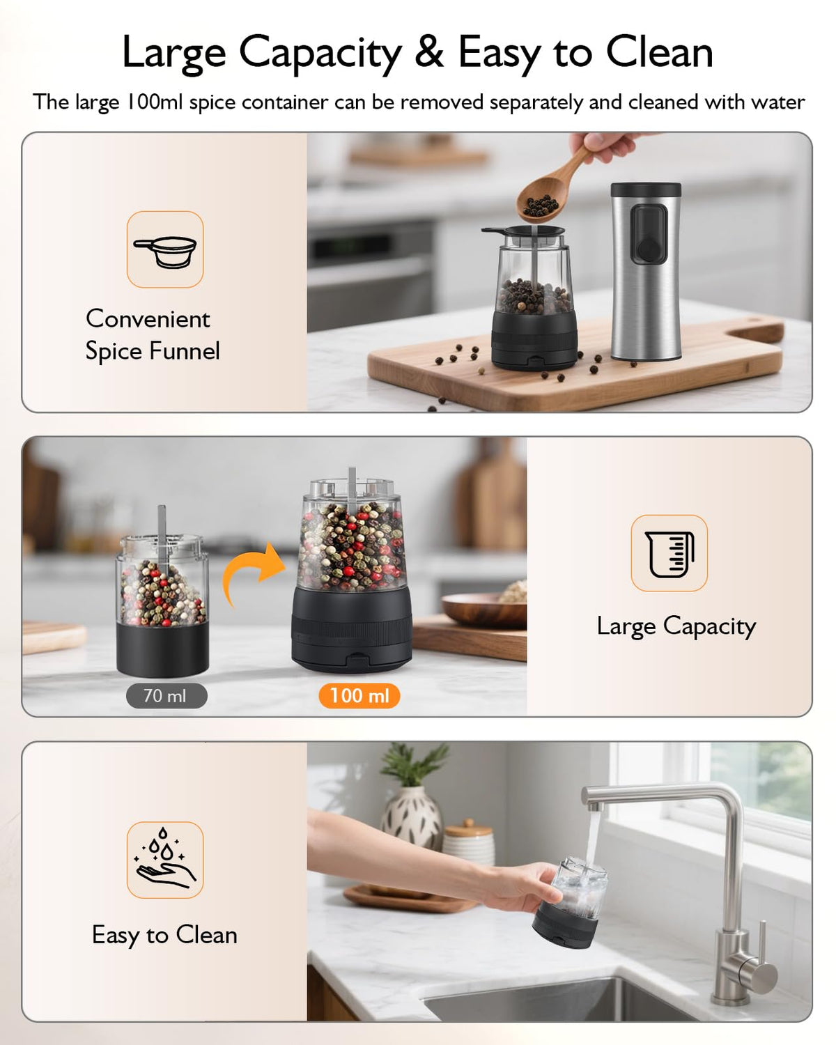 Electric Salt and Pepper Grinder Set, Upgraded 2-Speed Setting, External 5 Adjustable Coarseness, Battery Display Rechargeable Base, Stainless Steel Automatic Salt & Pepper Shakers Mill with LED Light