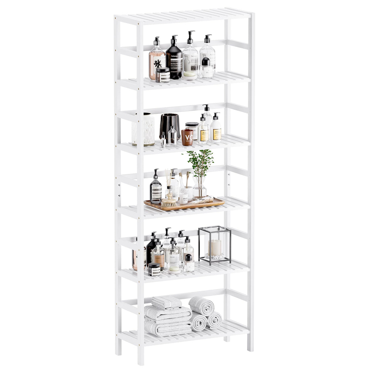 HITNET Bookshelf, 6-Tier Tall Bookcase Freestanding Bamboo Book Shelf Bathroom Storage Organizer with Adjustable Shelves, White
