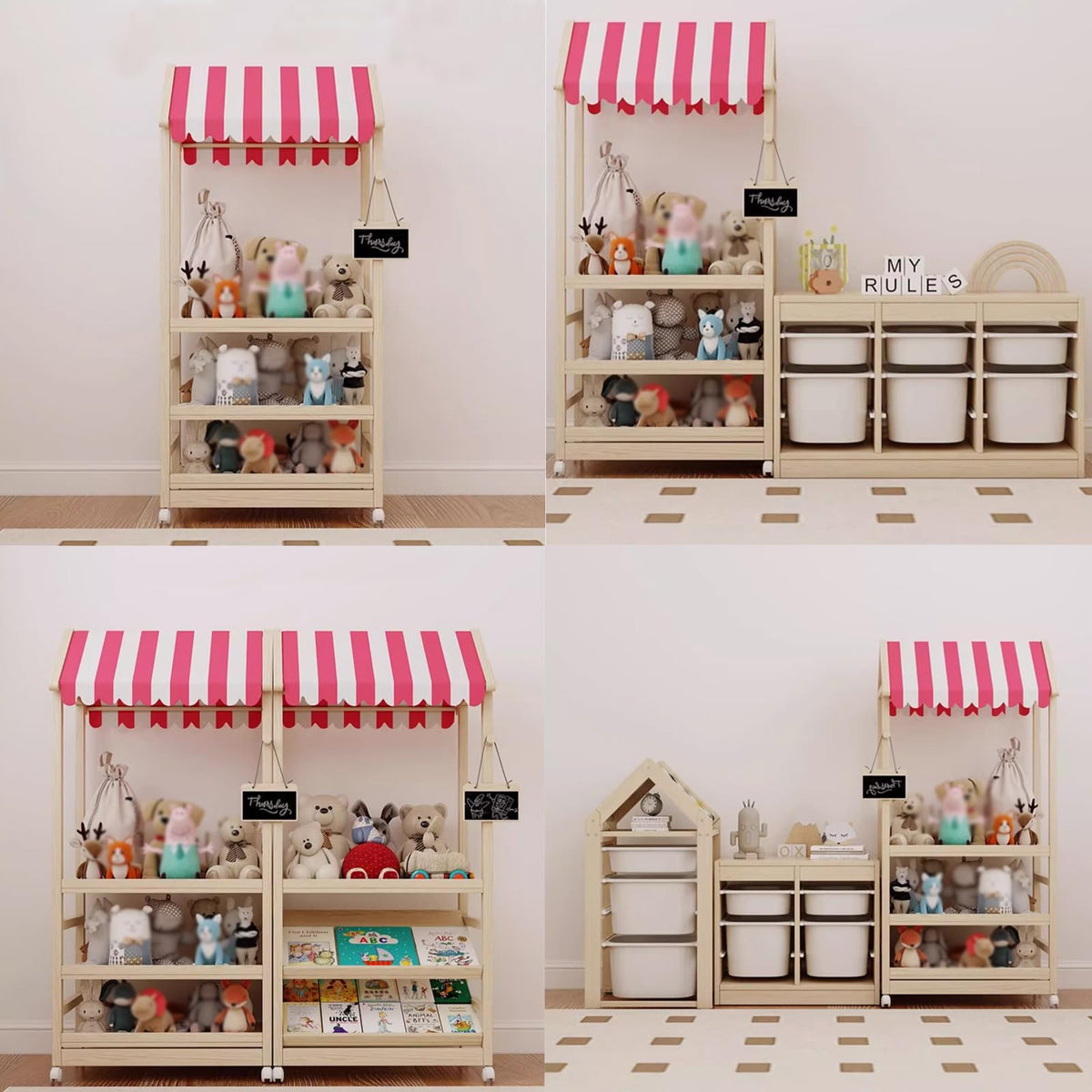HaoGZMZFCL 3 Tier Wood Storage Rack with Lockable Casters for Easy Movement for Living Room Bed Room Wooden Storage Shelf Bookshelf Coat Rack for Books Toys Clothes, a Rod (Red & White roof)