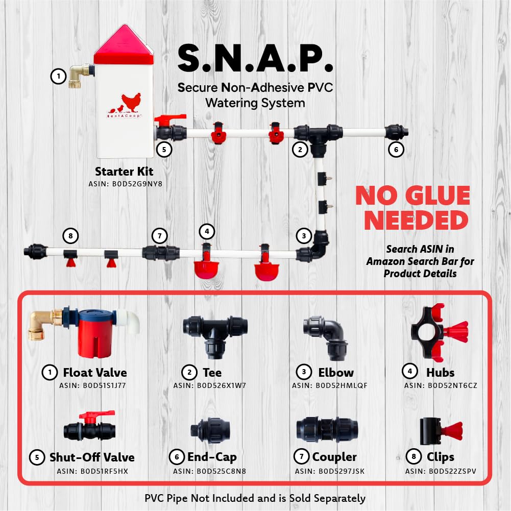 RentACoop Glueless Shut-Off Valve Kit Compatible with S.N.A.P PVC Watering System for 1/2" Schedule 40 PVC Pipe - Great for Chickens, Poultry, and Other Animals