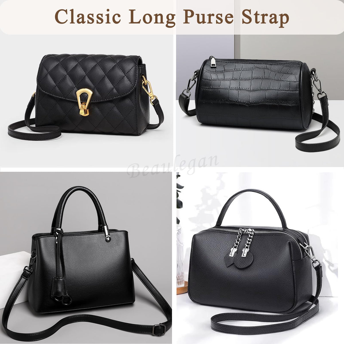 BEAULEGAN Purse Strap Replacement - Full Grain Microfiber Leather - 59 Inch Long Adjustable for Crossbody Shoulder Bag - 0.7 Inch Wide, Black/Gunmetal