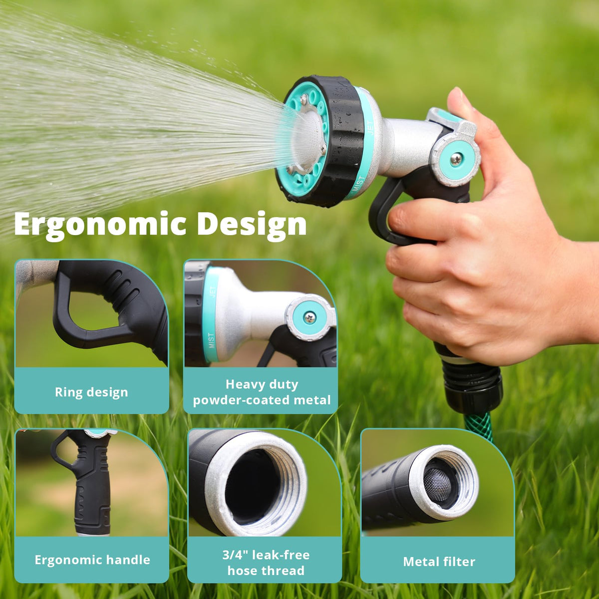 Garden Hose Nozzle Heavy Duty, 6 Adjustable Spray Patterns, Water Sprayer Nozzle with Thumb Control & Soaker Mode, Slip Resistant Hose Sprayer Nozzle for Watering Lawn, Car Wash, Pet Cleaning & Patio