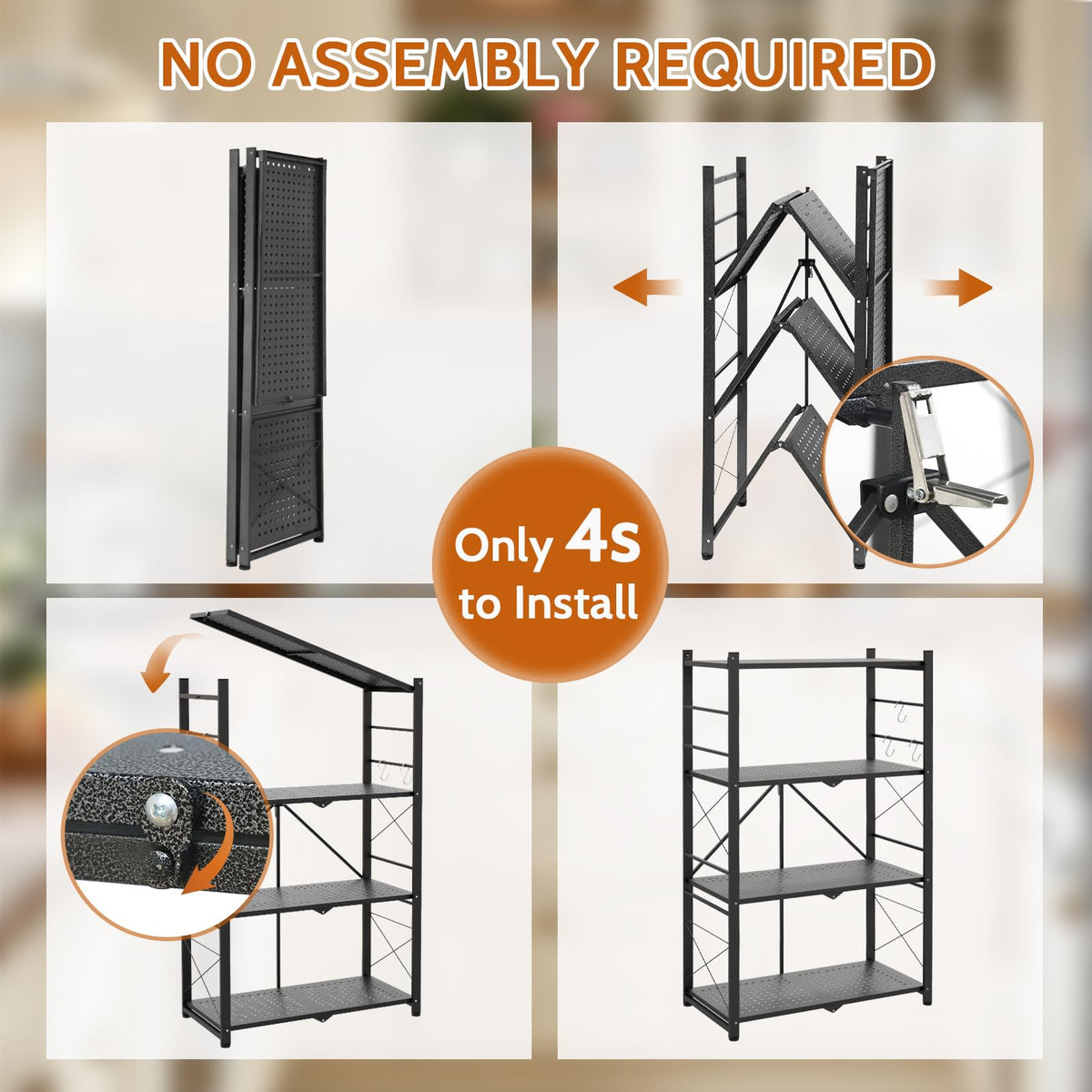 INTER HUT 4 Tier Foldable Greenhouse Shelving Unit, Heavy Duty Steel Plant Stand Storage Rack, No Assembly Required, 130lbs Per Shelf Capacity, 28"x14.6"x44.7”, 1 Pack, Black