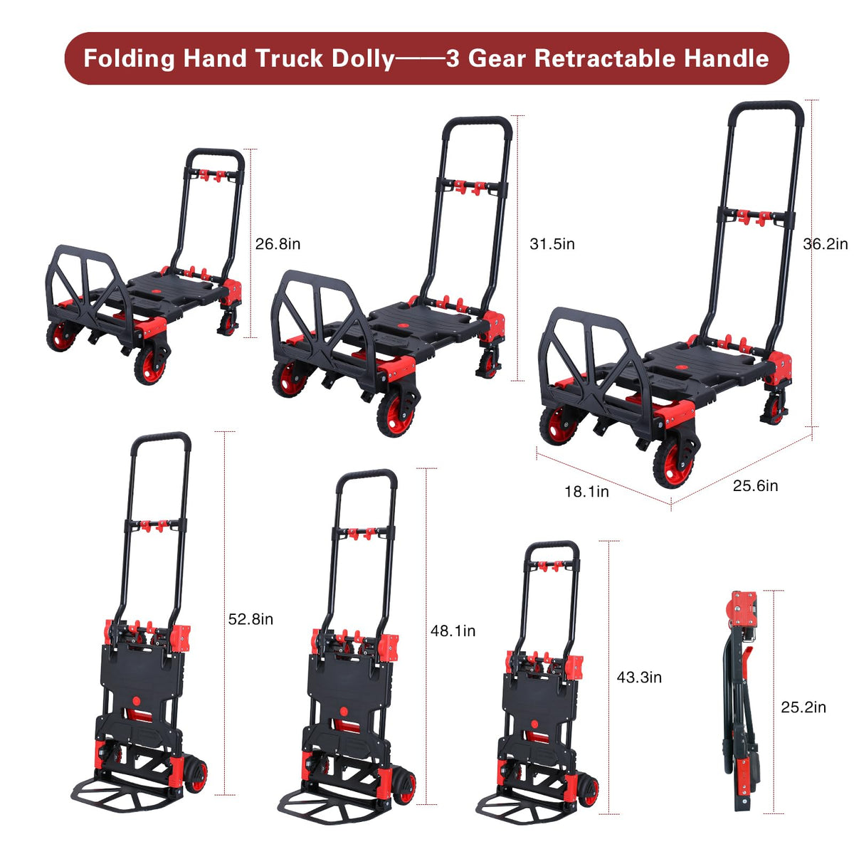 2 in 1 Folding Hand Truck Dolly with Basket,330LBS Capacity Hand Cart Foldable,Hand Truck Foldable with Retractable Handle,Folding Dolly Cart with Wheels for Moving
