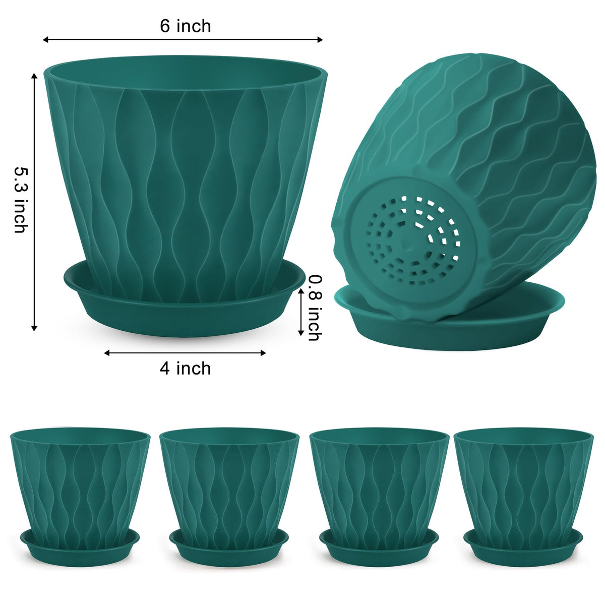 YNNICO 6 inch Plant Pots, 6 Pack Flower Pots Outdoor Indoor, Planters with Drainage Hole and Tray Saucer-Blue