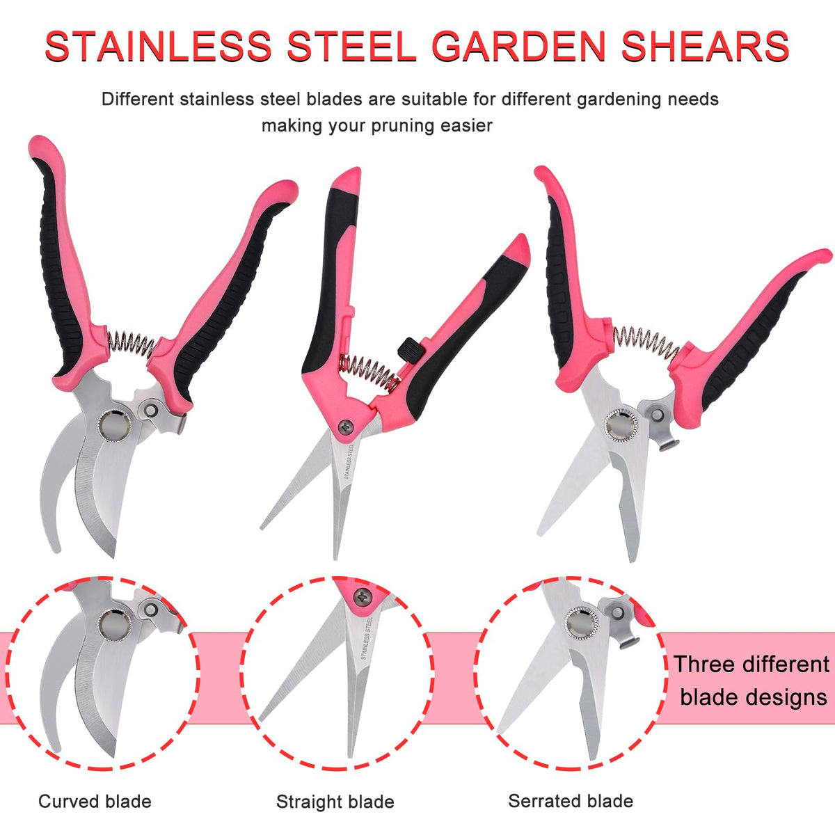 Pruning Shears Gardening Scissors Tools: 3pcs Outdoors&Indoor Garden Clippers, Rose Snips, Plant Clippers, Wood Pruner, Gardener Work Accessories for Flower Arrangement, Yard Landscaping (Pink)