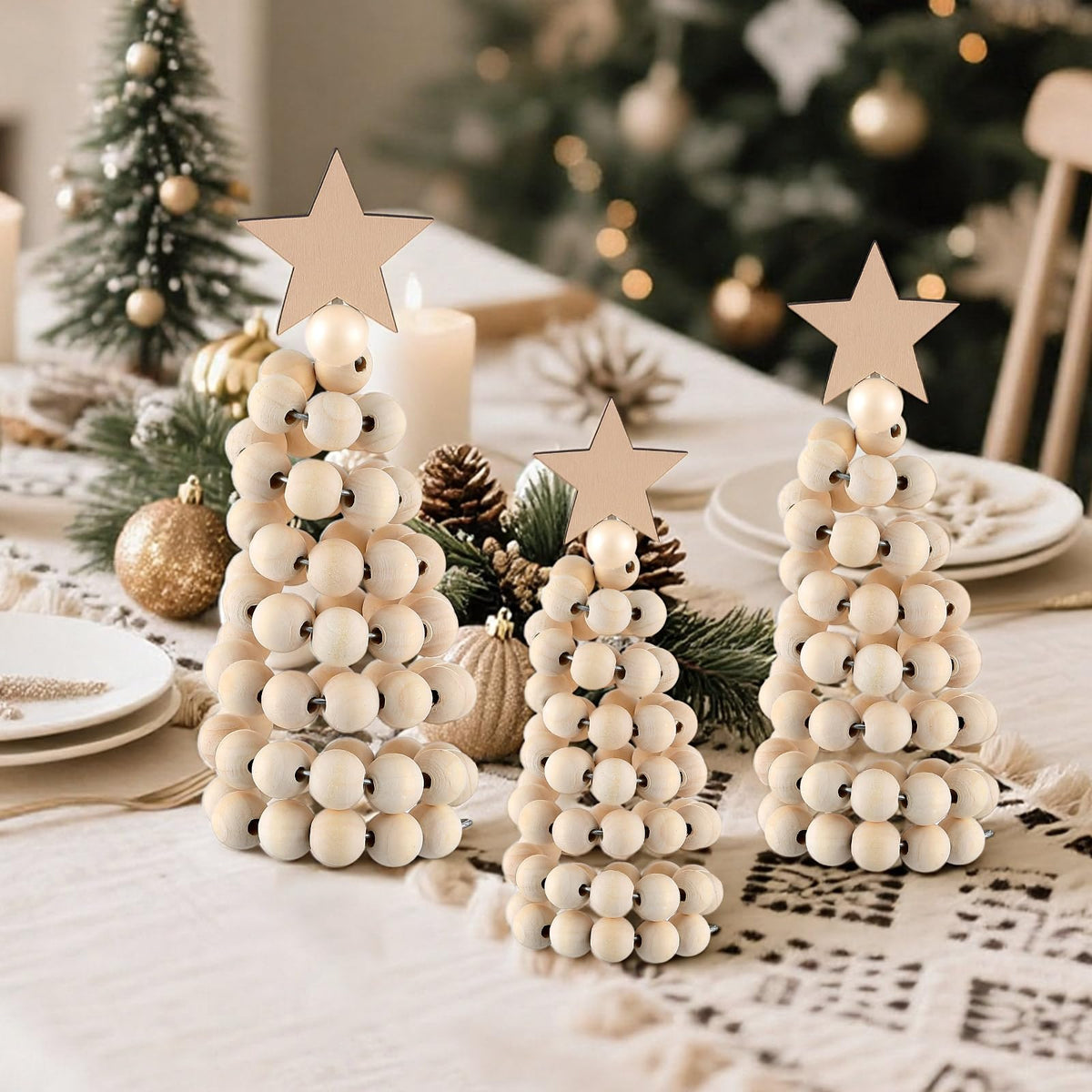 Thyle 3 Pcs Christmas Tree Decor 3 Sizes 6/8/10 Inch Small Boho Artificial Christmas Tree Tabletop Decor for Home Shelf Mantel Fireplace Table Party Supplies(Bead Style,Wood)