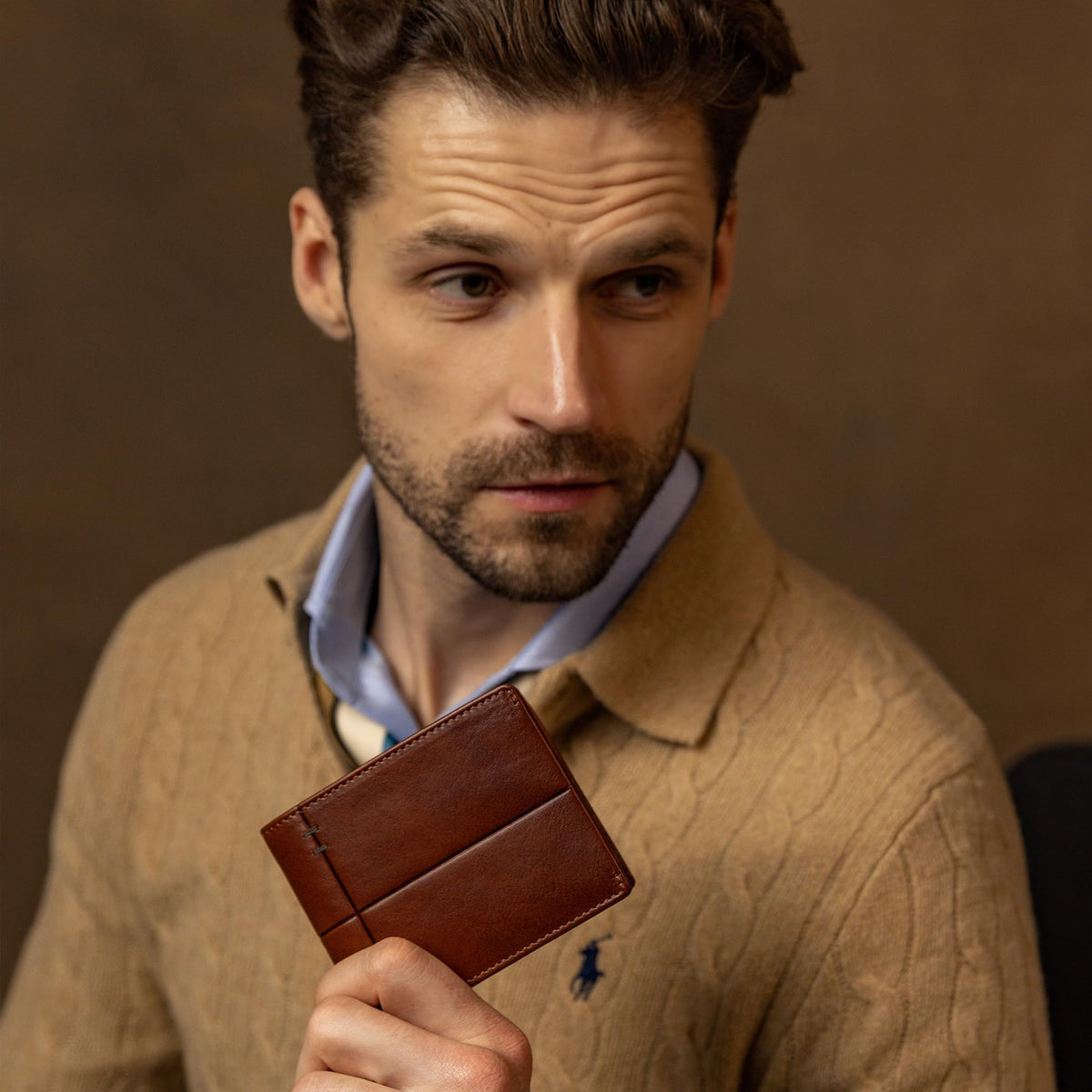 Time Resistance Leather Wallet – Italian Handmade Minimalist Design Wallet - Billfold Credit Card and Cash Holder (Cognac Brown)