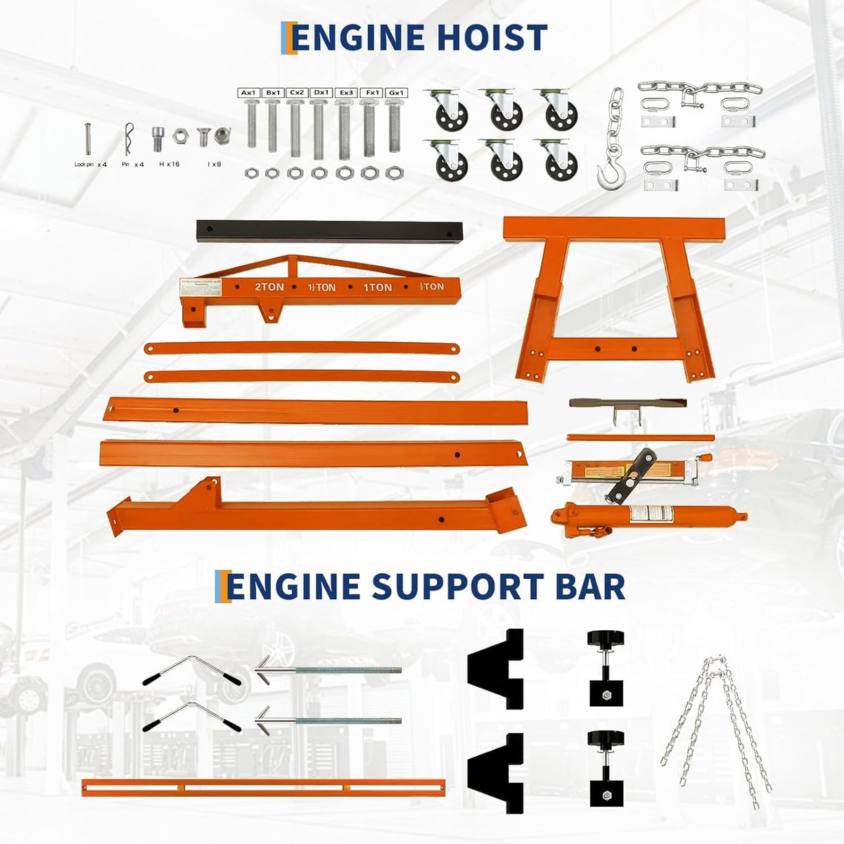 2 Ton Folding Hydraulic Engine Hoist with 59 in Load Leveler 4400 LBS Capacity Heavy Duty Cherry Picker 6 Swivel Wheels,Engine Support Bar 1100 LBS Capacity for Garage Workshop Warehouse Orange