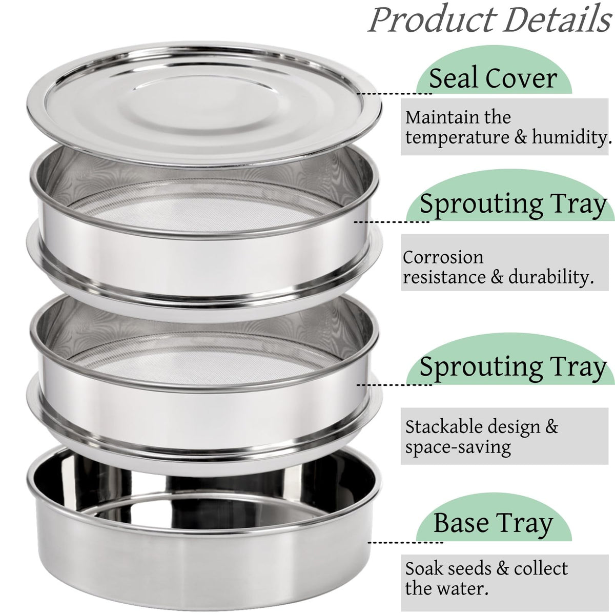 Tlence 9" Stackable Stainless Steel Seed Sprouting Kit, 3-Tier Mesh Germination Tray, Seed Sprout Grower with Lid Base, Microgreens Propagator for Beans Peas Broccoli Wheat Grass, Soil Free