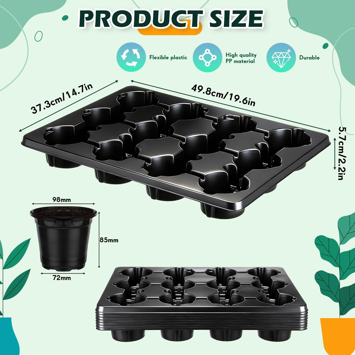 Baderke 96 Pcs 4 inch Seedling Pots and 8 Pcs 12 Cell Reusable Plastic Nursery Pots Trays Thick Sturdy Seeds Starting Germination Carrying Trays Black Small Planter Nursery Propagation 8 Sets(Black)